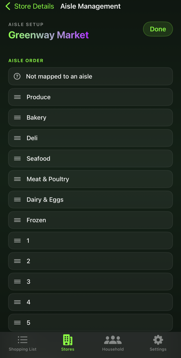 The aisle order screen for Greenway Market, listing Produce, Bakery, Deli, Seafood, Meat and Poultry, Dairy and Eggs, Frozen and numbered aisles as draggable rows.