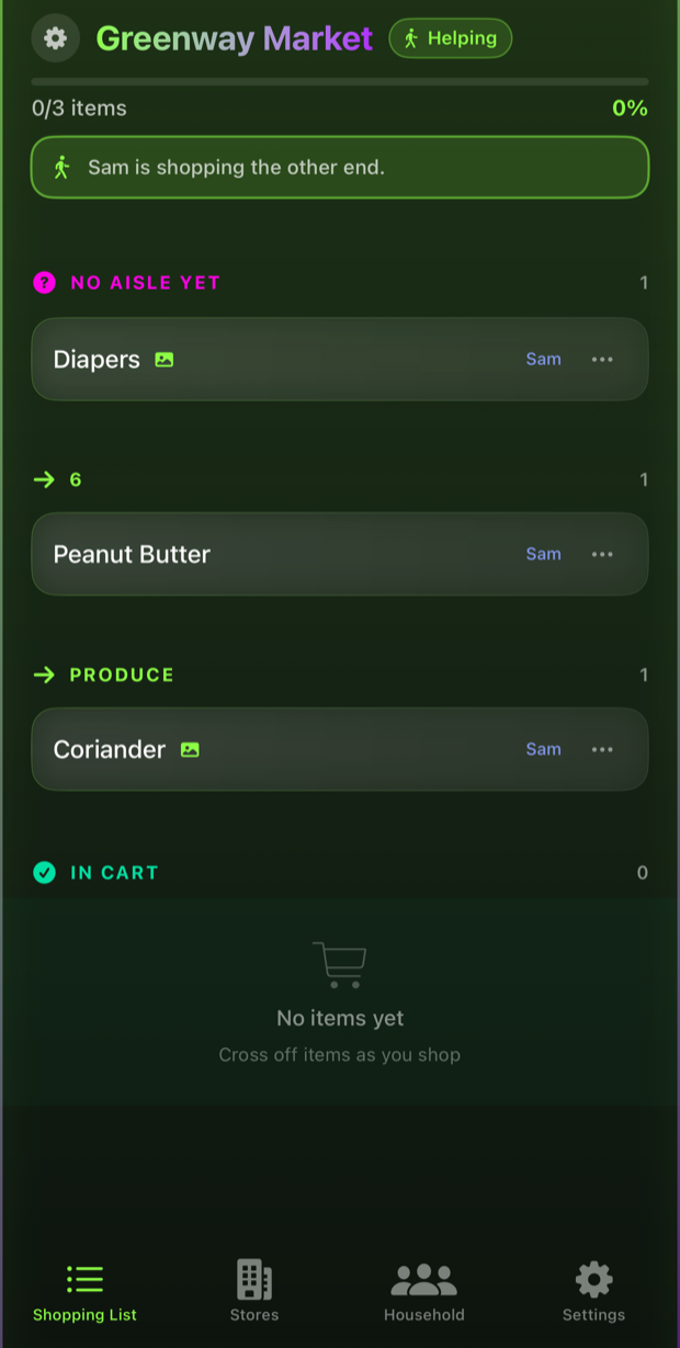 The helper's screen: a Helping badge, a line saying Sam is shopping the other end, and the same trip listed from the far end of the shop backwards.