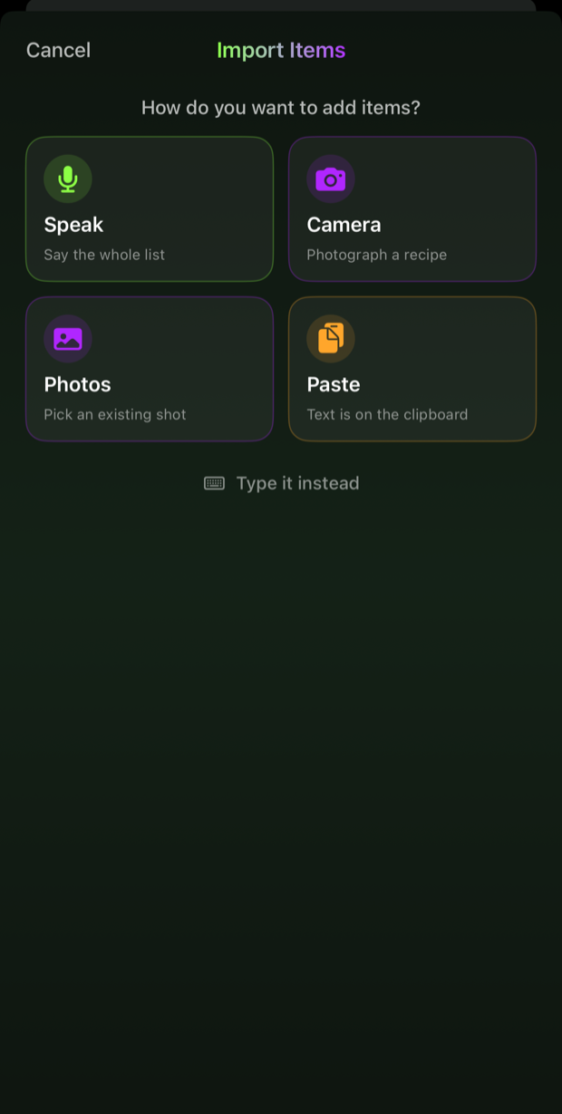 The Import Items sheet with four options: Speak, Camera, Photos, and Paste.