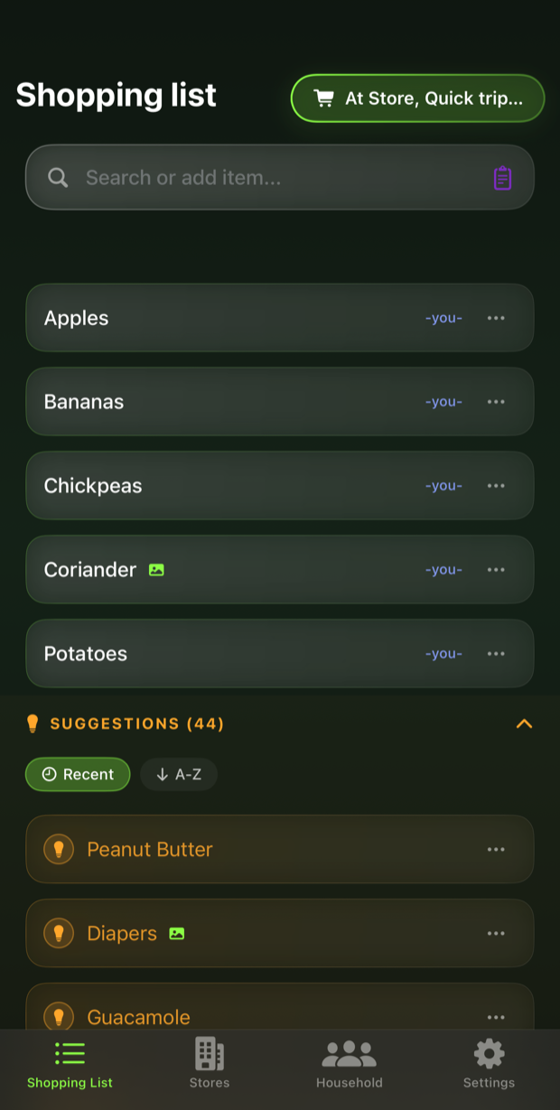 The shopping list as the app draws it: items with the name of whoever added them, and suggestions from earlier trips below.