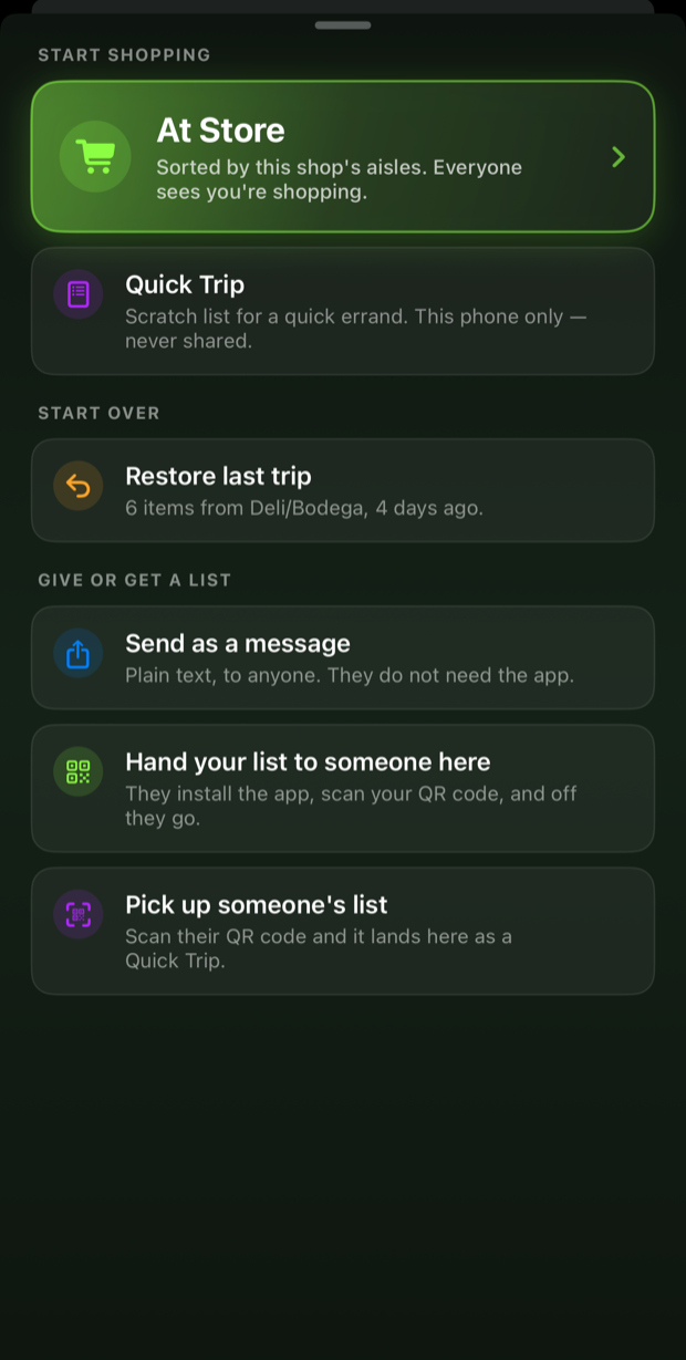 The shopping options sheet: At Store, Quick Trip, Restore last trip, Send as a message, Hand your list to someone here, and Pick up someone’s list.