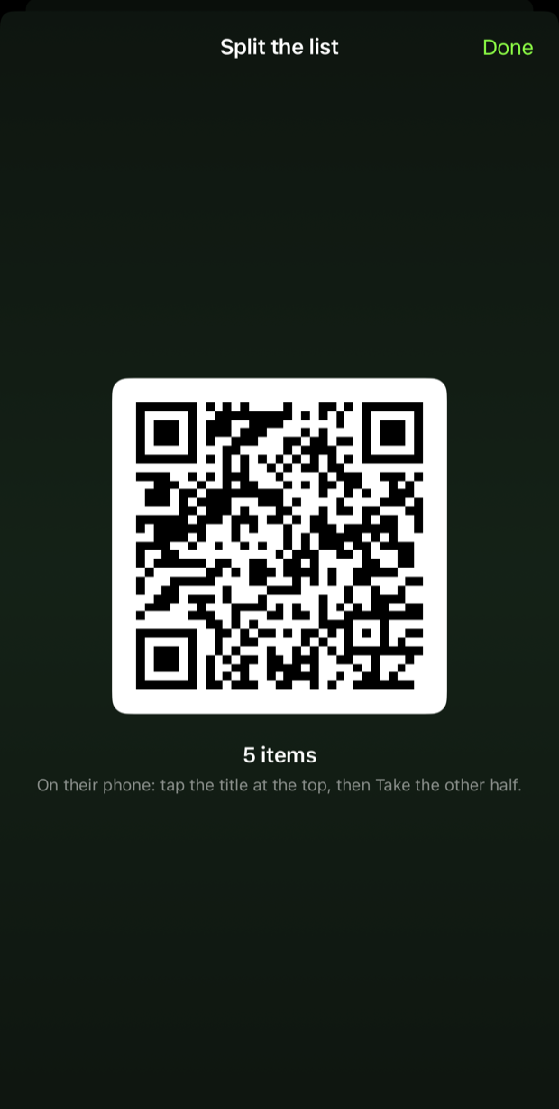 A QR code captioned five items, ready for someone else to scan.