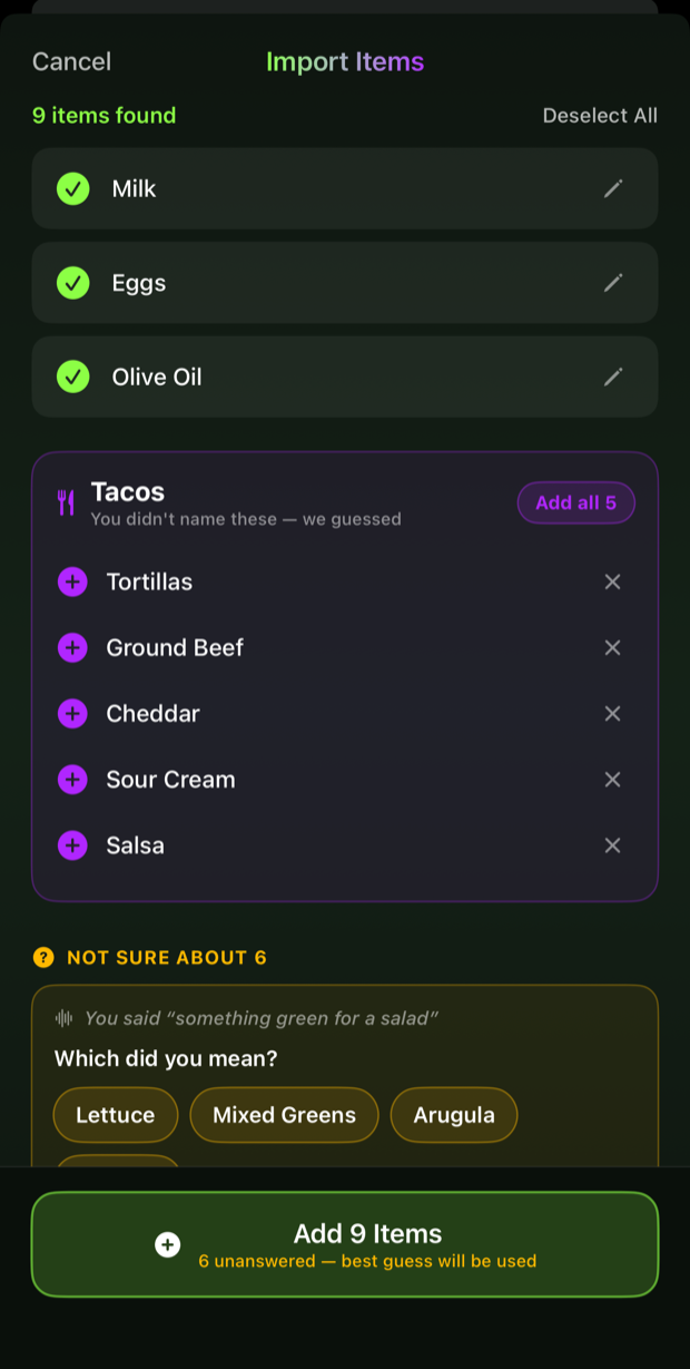The review screen: milk, eggs and olive oil found; tacos expanded into tortillas, ground beef, cheddar, sour cream and salsa; and a question asking which green was meant for the salad.