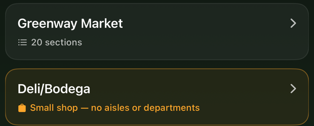 Two stores listed: Greenway Market with twenty sections, and a Deli or Bodega marked as a small shop with no aisles or departments.